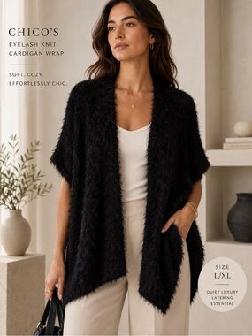 Chico’s Black Eyelash Knit Cardigan Wrap L/XL Cozy Quiet Luxury Layering
